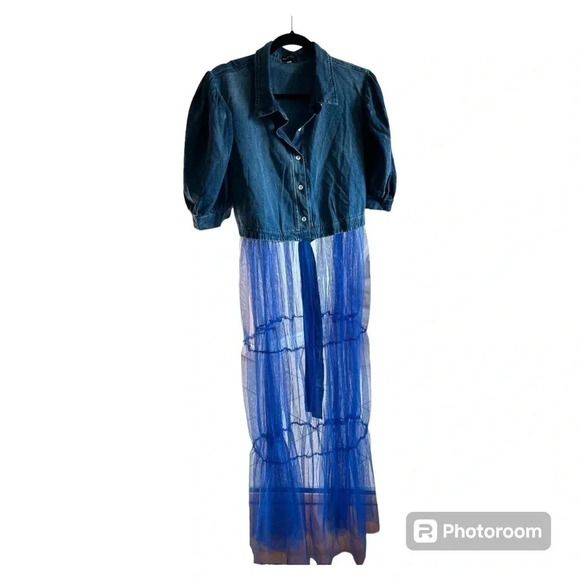 XPLUS WEAR Short Puffed Sleeves Tie Waist Tiered Tulle Hem Denim Blouse size 3XL - Picture 3 of 7